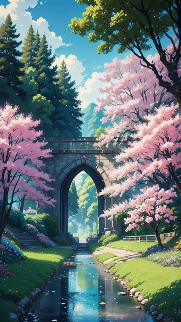 a painting of a pathway leading to a river with trees and flowers, beautiful anime scenery, anime scenery, beautiful anime scene, anime landscape, anime beautiful peace scene, anime nature, anime nature wallpap, anime landscape wallpaper, scenery artwork, anime background art, anime countryside landscape, scenery wallpaper, scenery art detailed, anime background, beautiful cityscape