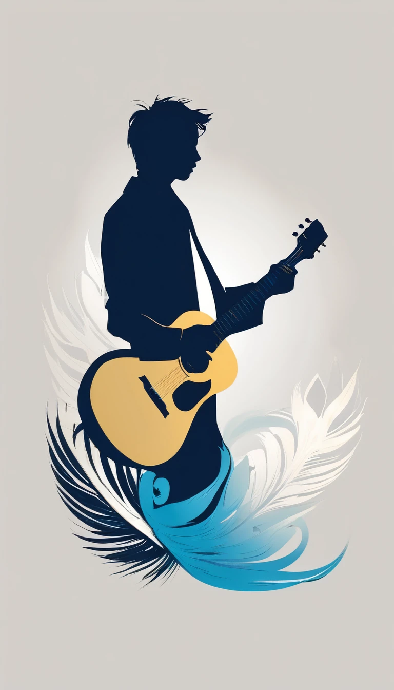 A minimal, modern, simple, cinematic logo design for the brand “Penamemoria". The logo design must be a simple, silhouette of a boy, standing up, playing acoustic guitar and fantasy feather by his side. The logo must convey a sense of music, stories, memories and dreams. Logo design impressed on a book cover. Minimalistic logo. Light blue, soft white and light golden as colors for the logo design