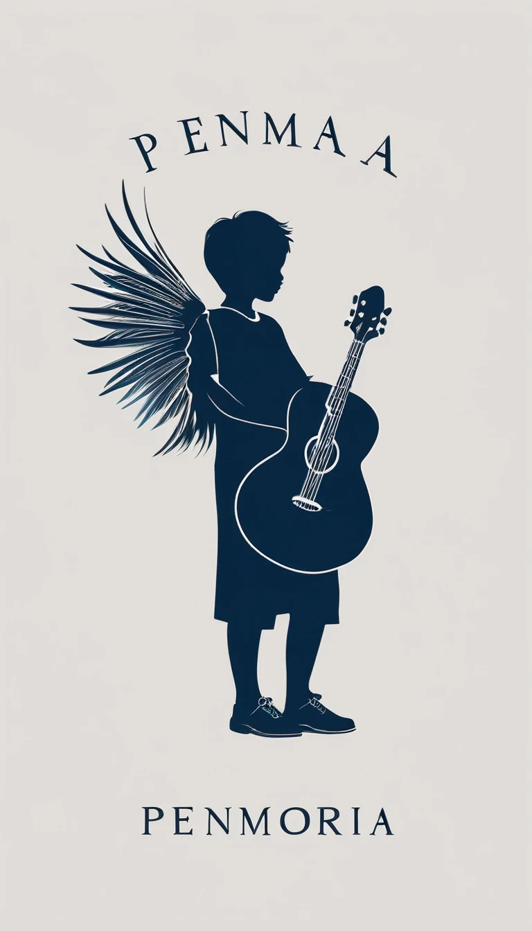 A minimal, modern, simple, cinematic logo design for the brand “Penamemoria". The logo design must be a simple, silhouette of a boy, standing up, playing acoustic guitar and fantasy feather by his side. The logo must convey a sense of music, stories, memories and dreams. Logo design impressed on a book cover. Minimalistic logo. Light blue, soft white and light golden as colors for the logo design
