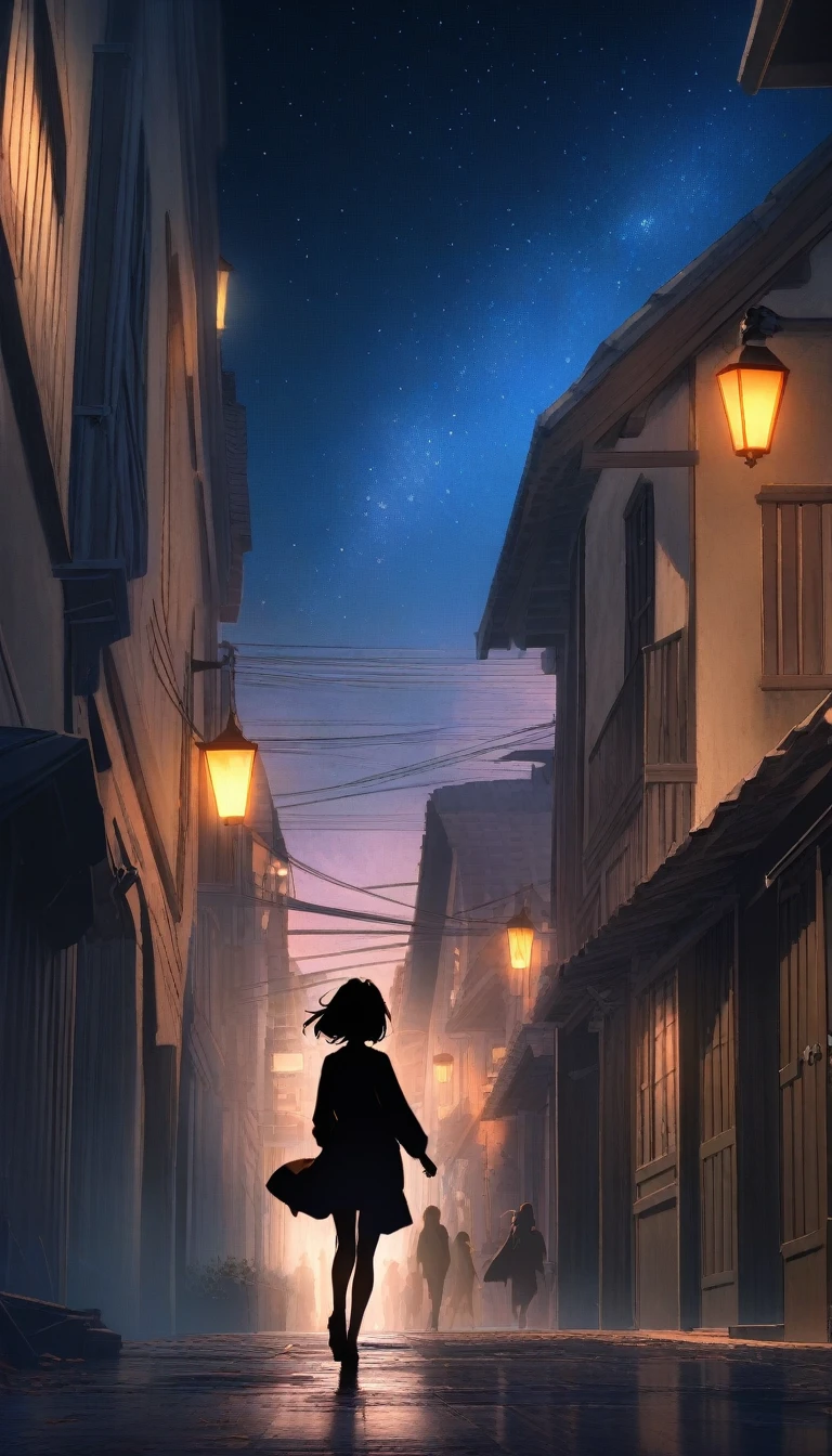 ((32k)), ((best quality)), ((ultra high res)), ((HDR)), ((UHD)), ((extremely detailed CG)), ((unity 32k wallpaper)), ((best quality starry sky)), ((best quality full moon)), (((best quality back))), ((best quality town)), ((((silhouette)))), (((silhouette human))), (((running))), 
