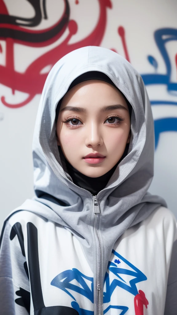 1girl, solo, pretty face, eyelashes, nose, glossy lips, (detailed eyes, looking at viewer, fair skin, white skin: 1.5), smooth skin, wearing hijab, 8k portrait of beauty in hijab, intricate, graceful, highly detailed, majestic, digital photography, hyper realistic, Masterpiece, Best Quality, All parts of the body except the face and hands are covered with clothing, Tudung, ((do not let the hair come out of the hijab)), full hijab, ((all parts of the body covered by clothes except the face)), Best Quality, (graffiti:1.5), paint splatter, jacket, On wall, paint can, looking at viewer, head slanted, clothing color (Wear a hooded military uniform), cyberpunk city