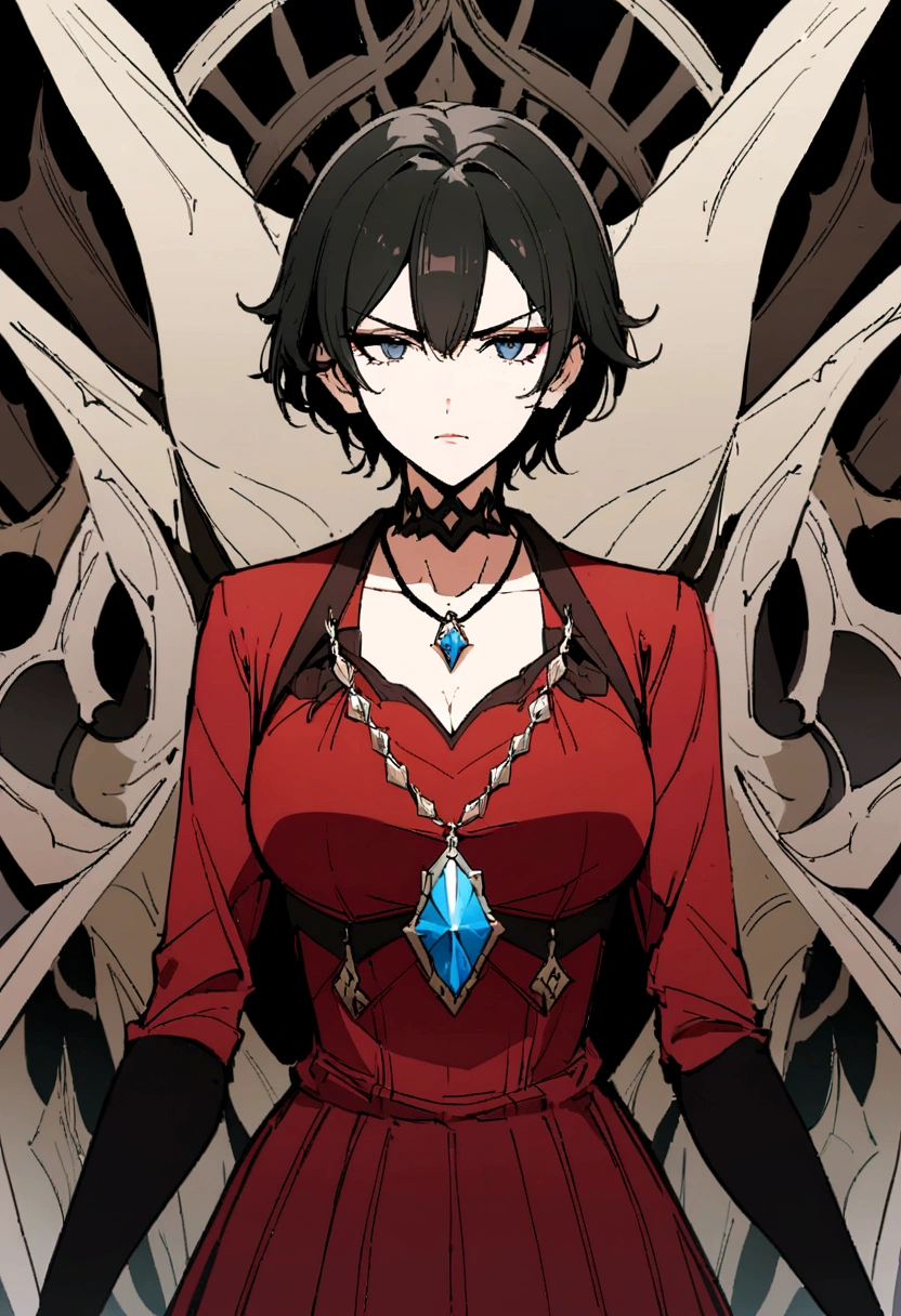 Drawing of a woman in a red dress，Holding a diary，Wearing a necklace with a Tuscan-colored gemstone pendant，Exquisite makeup，The temperament of the superior，Cold eyes，An angry look，Beautiful artwork illustration，有新海诚Cyril Rolando、Cyril Rolando和藤田五郎，Cyril Rolando，灵感来自Cyril Rolando，In the style of atey ghailan，Shinkai Makoto style