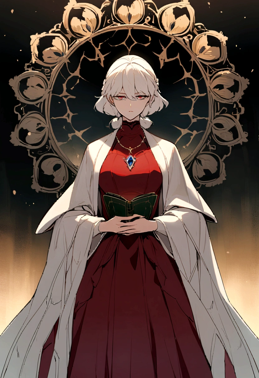 Drawing of a woman in a red dress,Holding a diary,Wearing a necklace with a Tuscan-colored gemstone pendant,Exquisite makeup,The temperament of the superior,Cold eyes,An angry look,Beautiful artwork illustration,有新海诚Cyril Rolando、Cyril Rolando和藤田五郎,Cyril Rolando,灵感来自Cyril Rolando,In the style of atey ghailan,Shinkai Makoto style