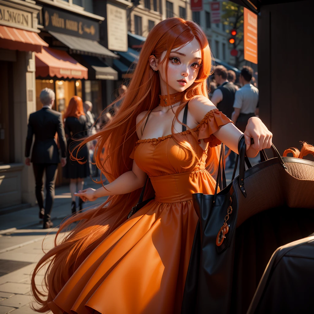 (masterpiece), (best quality), (ultra-detailed), ((masterpiece)) ((best quality)) ((ultra-detailed)) there is a woman in a short dress holding a bag, imvu, second life avatar, secondlife, orange skin, orange skin and long fiery hair, glamor profile pose, glamor pose, she has long orange brown hair, elegant pose, street pic, fluffy orange skin, orange flowing hair, , inspired by Dulah Marie Evans, daz