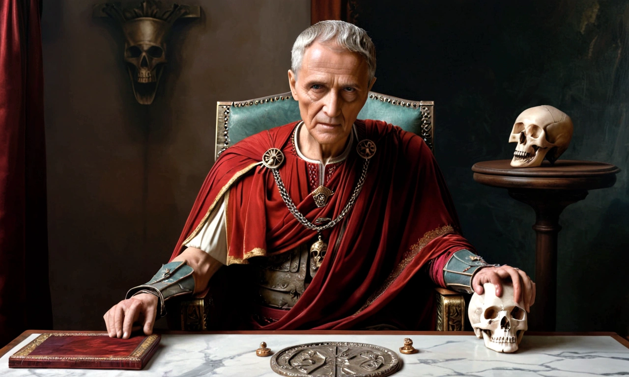 painting, julius caesar emperor of rome, sitting with his hands resting on a table, with no background, with a skull on the table, he observes the skull disillusioned, he is in his iconic clothes and his red cape, renaissance painting