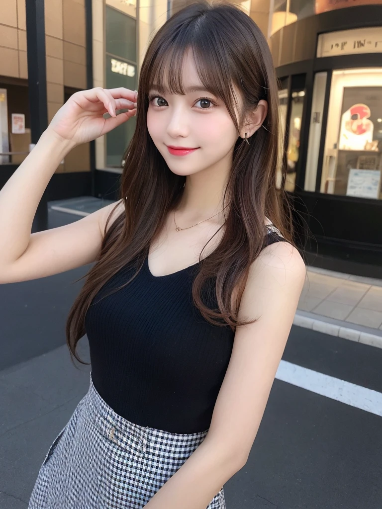 masutepiece, Best Quality, Illustration, Ultra-detailed, finely detail, hight resolution, 8K Wallpaper, Perfect dynamic composition, Beautiful detailed eyes, Women's Fashion Summer,Medium Hair,Small breasts natural color lip, Bold sexy poses,Smile,Harajuku、20 years girl、Cute、Sexy shot looking at camera