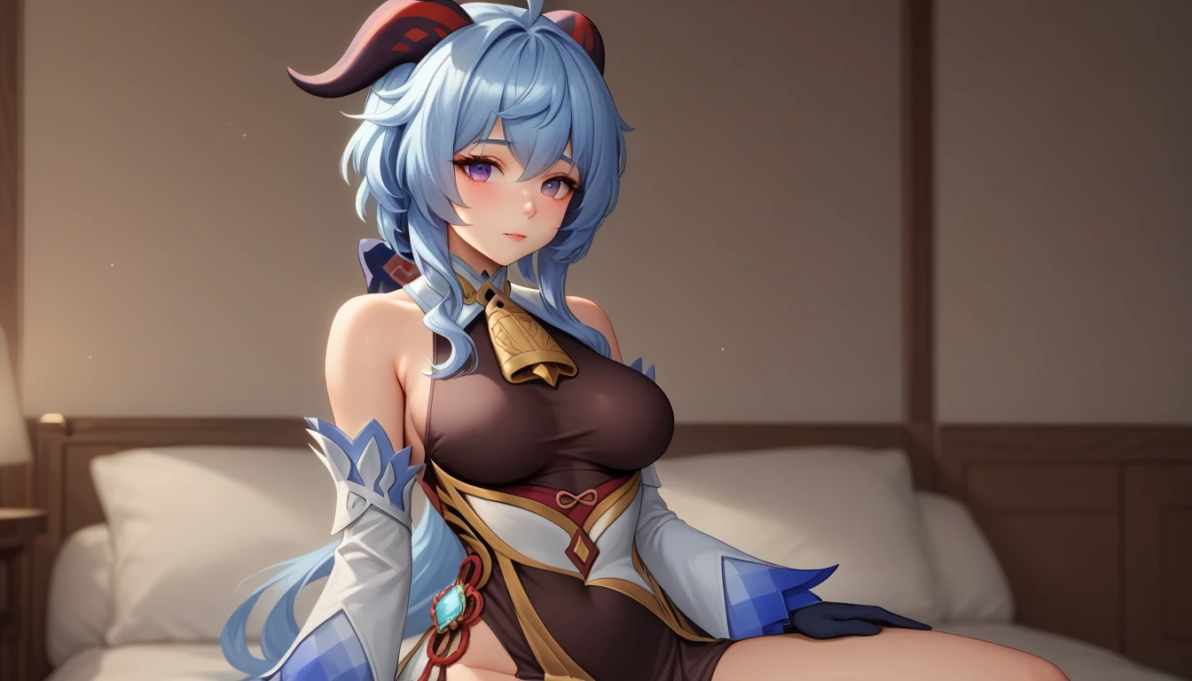 ganyu_\(genshin_impact\), ganyu_\(twilight_blossom\)_\(genshin_impact\), _shoulders, official_alternate_costume, detached_sleeves, 1girl, blue_dress, black_gloves, black_dress, thighs, long_sleeves, sleeveless_dress, medium_, official_alternate_hairstyle