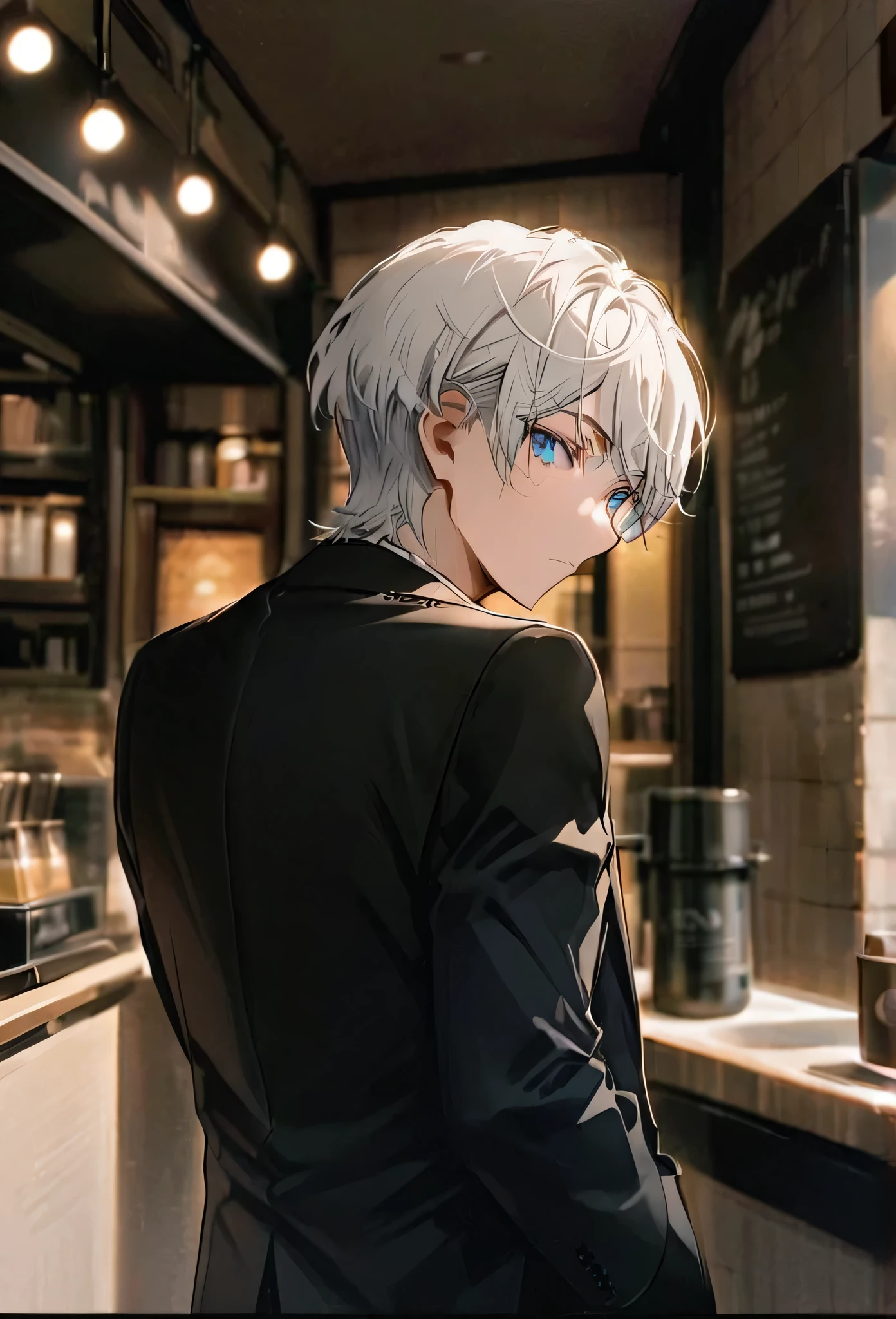 Half body portrait of a young man , white short hair, blue eyes, wears an all black suit. Stand and look back. Look back. Half-body image. Look back. cafe background ,detailed