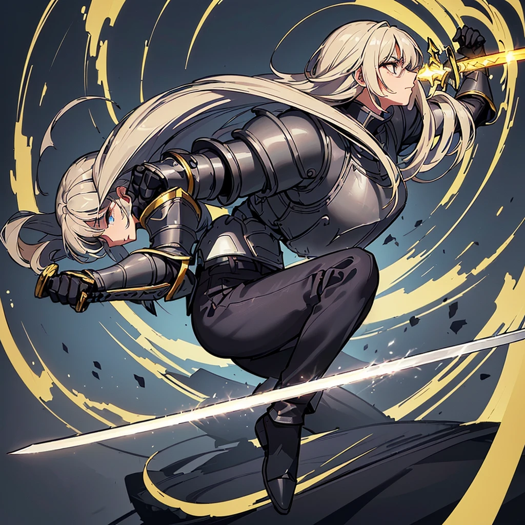 (((Solo)))、Highest quality, Best Quality、8K、Best illustrations、(Full body character concept、detailed)、(((Gray simple armor、Black trousers、Black gloves))、(woman、18-year-old)、(Blonde、Long Hair)、(((Grab the sword)))、(Glowing light background)、(Fighting stance,)、Dramatic Angle、(Blue and yellow aura)、(From the side、profile)