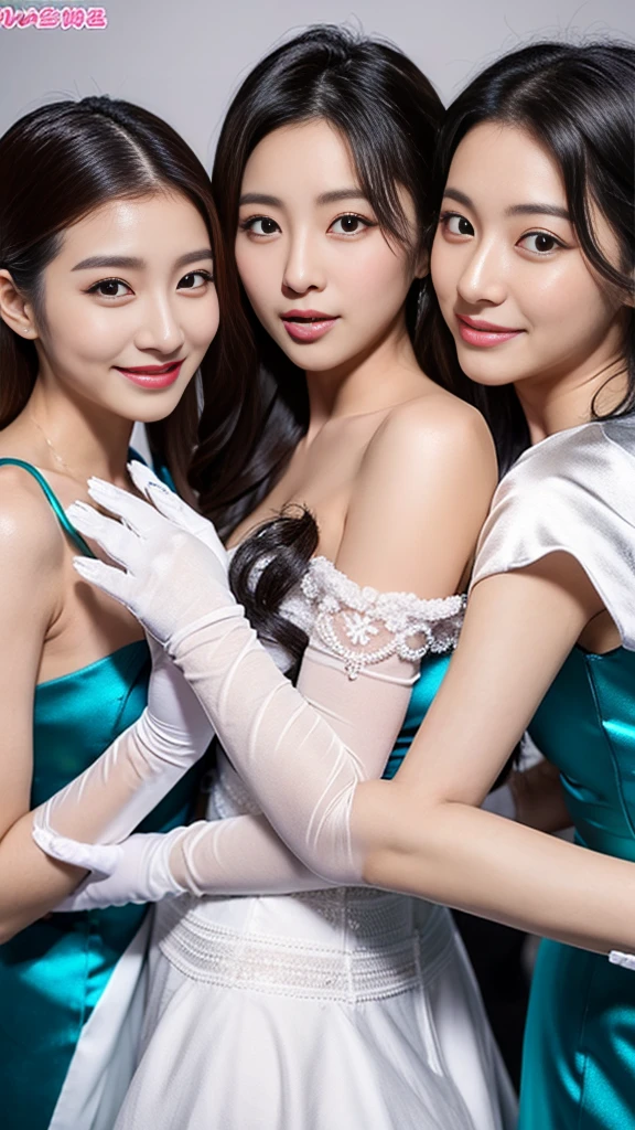 A beautiful Korean female idol, 24 years old, wearing white satin gloves, in a threesome、Show off your beautiful hands with gloves to tickle them