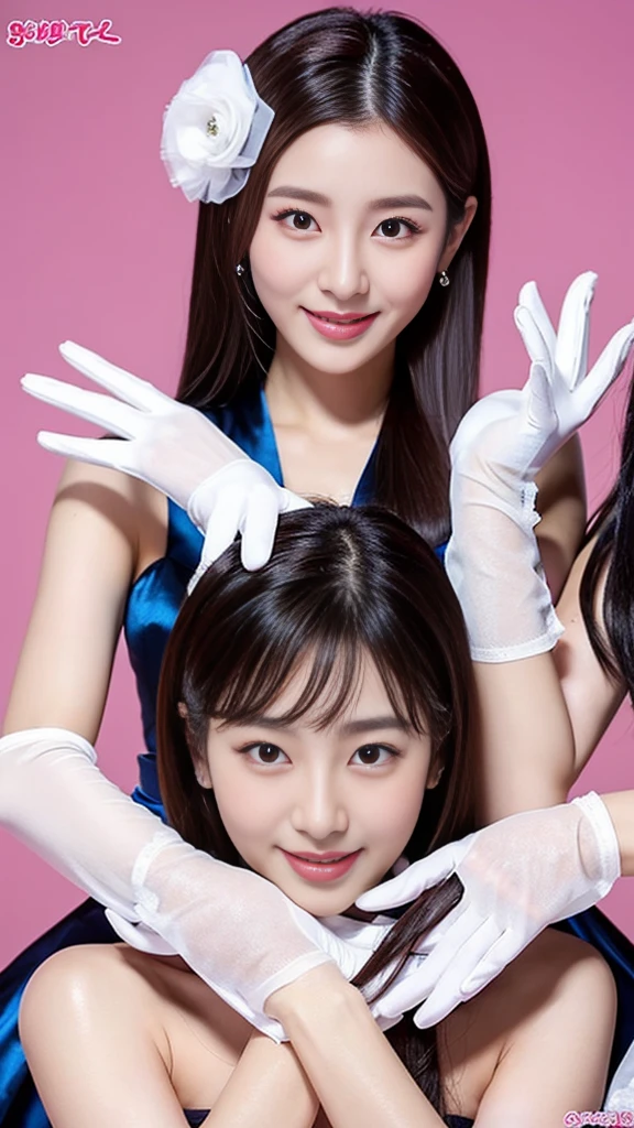 A beautiful Korean female idol, 24 years old, wearing white satin gloves, in a threesome、Show off your beautiful hands with gloves to tickle them