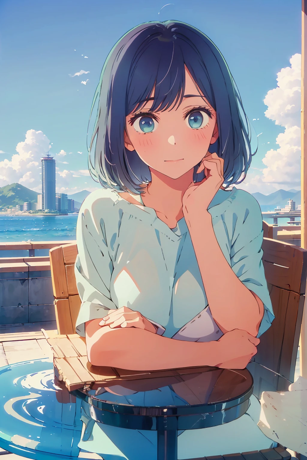 (Highest quality:1.4、8K:1.4、detailed)、F cup bust、Big Breasts、Slim body、Very white beautiful skin、((((1 person、Troubled expression、sit、Chair、In the background are the urban buildings of Tokyo、looking at the camera、Outdoor café terrace、coastal、Navy hair color、juice、Shooting up close、table、Very cute face))))、((((、))))、(Touching cheeks with both hands pose:1.4)、((Off the shoulder))、、Very blue sky、A completely cloudless sky
