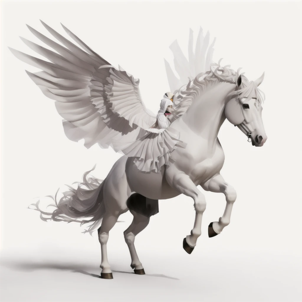 Arafaed's white horse with wings on a white background, Pegasus, unicorn flying in the sky, with hooves and wings, white unicorn, unicorn, a unicorn, Mythical creatures, a Mythical creatures, Mythical creaturess, Winged, flying mythical beasts, unicorn from the tusk movie, White Wings, with large wings, Ophanim has the wings of a bird