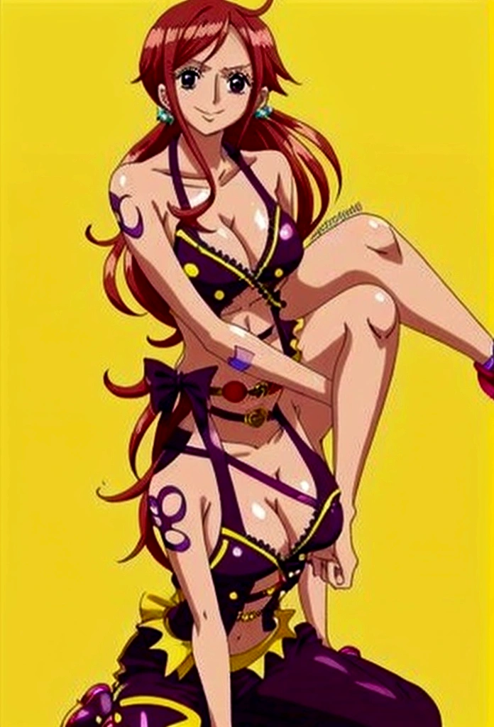 anime girl sitting on ground, 1girl, solo, gyaru, shape eyes, visible small breast, dark-skinned, long hair, straight hair, dark purple hair, short jean, Cross Halter Crop Top,  smile face, sleeveless, sitting, yandere, simple yellow background
[ 4 k digital art ]!!, by :5 sexy: 7, anime artstyle, anime style 4 k, anime style. 8k, anime styled, digital anime art!!, in an anime style, high quality anime artstyle, realistic anime artstyle, digital art on pixiv