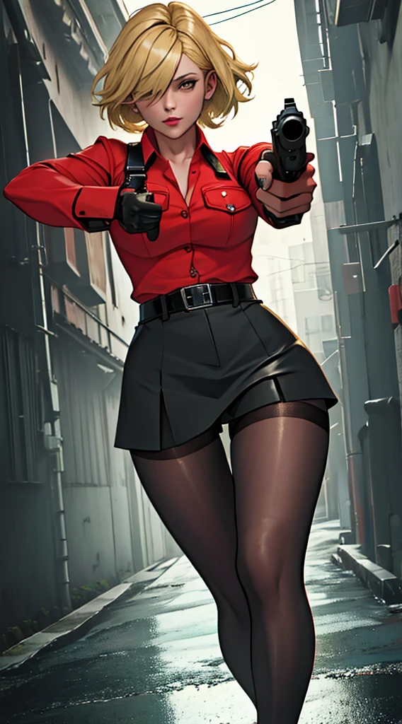 a woman,BeloBetty, sunglasses, hat, red outfit, portrait, medium breasts, thick thighs, small waist, curvy, muscular body, wearing red mini-skirt, highly detailed hair, detailed clothes, high quality artwork, 12k quality, cinematic light, dynamic light