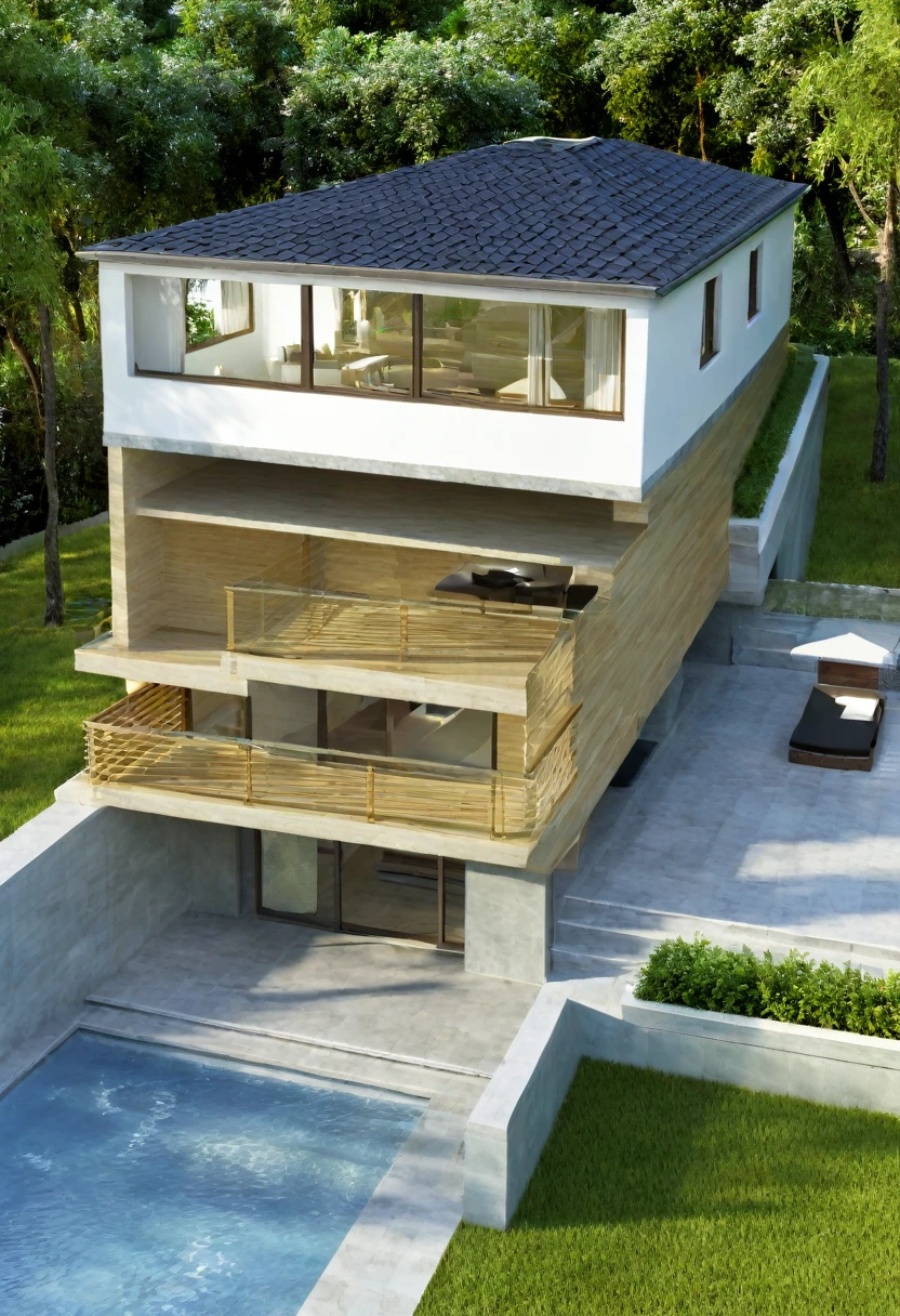 ((((MASTERPIECE)))), HIGH QUALITY,villa,suppose design office,forest,Large balcony,Hip roof,Top-view,sun light –ar 16:9 –v6.0