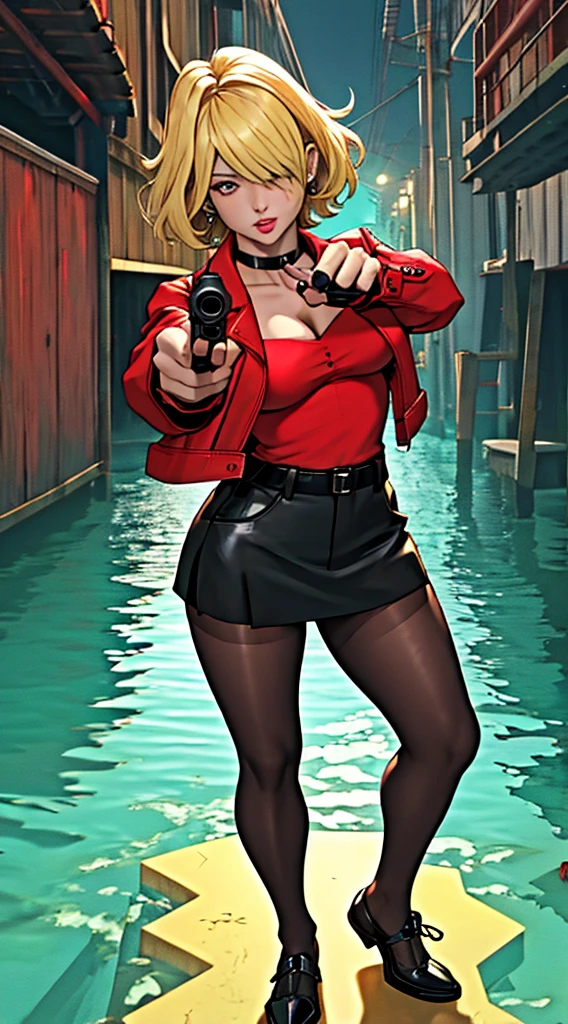 ((masterpiece, best quality)),solo,1girl, ritaloud, rita_loud, large breasts, highres, blonde hair, hair over eyes, detailed, soft lighting, short hair, red shirt, criminal girl, black leather jacket, black skirt, pantyhose, lingerie, background : ocean docks, aiming at viewer, holding pistol, handgun, looking at you