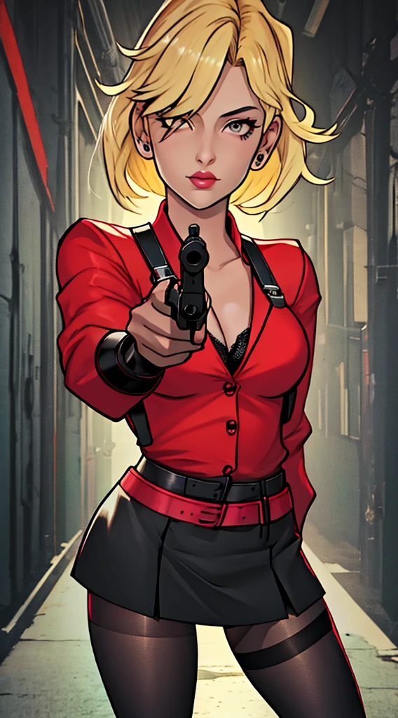 ((masterpiece, best quality)),solo,1girl, ritaloud, rita_loud, large breasts, highres, blonde hair, hair over eyes, detailed, soft lighting, short hair, red shirt, criminal girl, black leather jacket, black skirt, pantyhose, lingerie, background : ocean docks, aiming at viewer, holding pistol, handgun, looking at you