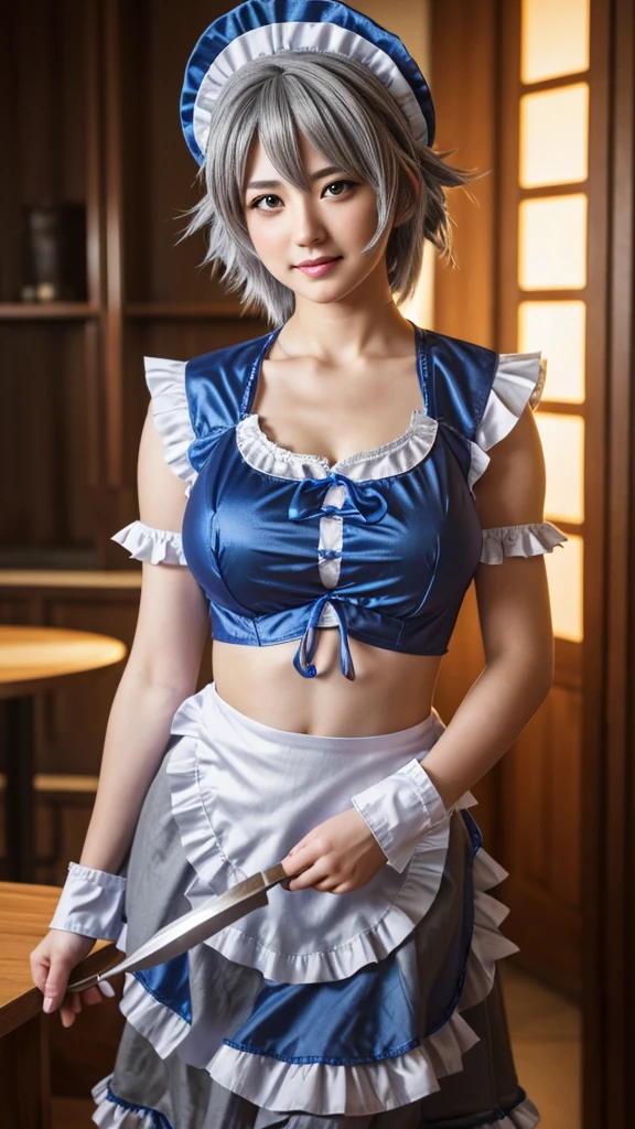 ((16 Nights Sakiya)), ((Touhou Project)), Cosplay, 20-year-old woman, big tits (((gray hair)), ((medium spiky hair)), ((blue maid outfit)), ((white blouse)), midchest, (light)))), (pose))), (photorealistic photo: 1.3), rim lighting, (high detail skin:1.2), 8K UHD, dslr, high quality, high resolution, 4K, 8K, Bokeh, Absurdity, Best ratio four fingers and one thumb, (Real:1.3), Cutest 1 Girl, Lots of Knives, tits out, tits showing
