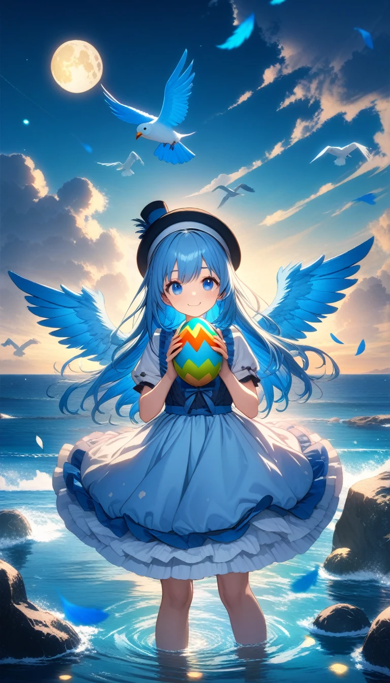 32k, best quality, ultra high res, HDR, UHD, extremely detailed CG, unity 32k wallpaper, A world full of eggs, 18-year-old, Holding a rainbow-colored egg in both hands, Very cute girl, Blue Hair, Long Hair, blue eyes, A beautiful and cute blue dress, from the front, A very beautiful sea background, Standing on the water, Particles that glow blue, bird, cloud, Egg with wings, Close your mouth and smile happily, A cute hat with blue feathers, (wing), full moon, 