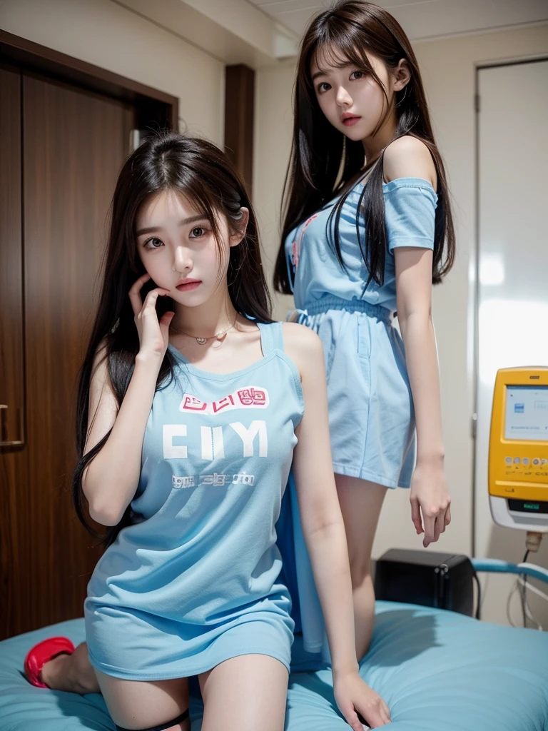 Beautiful woman wearing a blue sky Wearing  clothes mini dress with decorations on the shirt and visible shoulders and wearing boots and being photographed with a background And he was in a hospital that was about to collapse ,Korean style swag, beautiful face so gorgeous, Beautiful eyes, y2k style, 