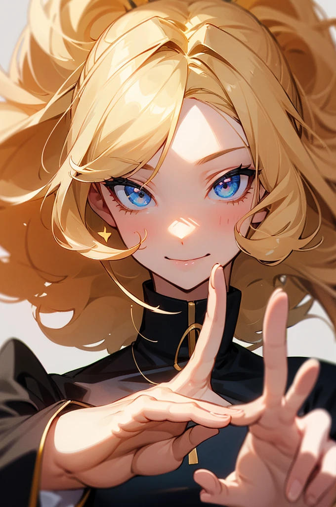 make a curly blonde woman make a V sign with her fingers, like the sign of peace, with your fingers close to your face. the photo must not contain background or text