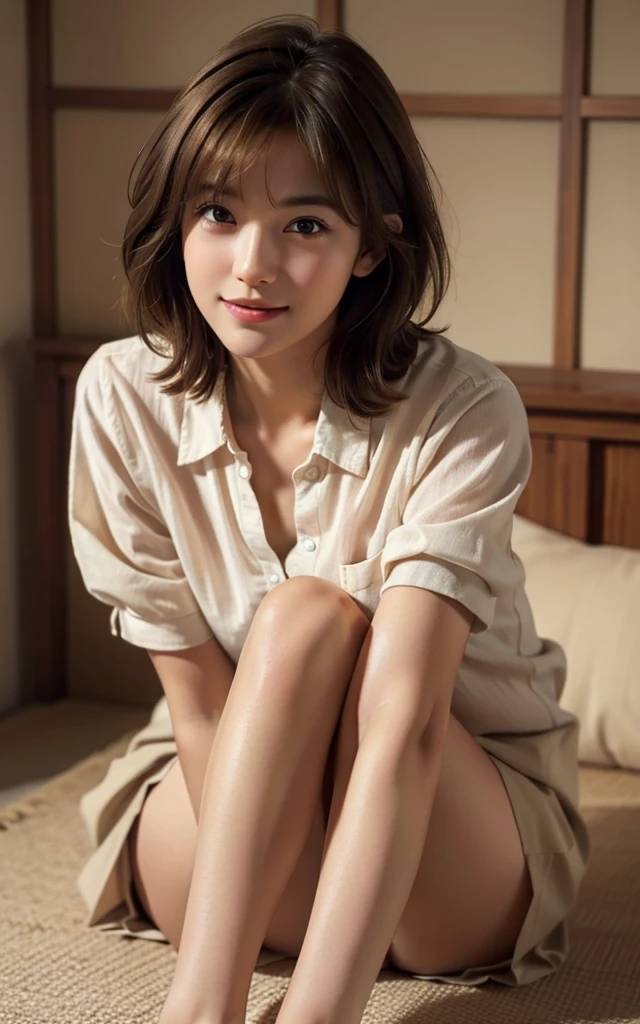 (RAW Photos, Highest quality), (Realistic, Photorealistic:1.3), masterpiece, Very delicate and beautiful, Soft Light, (Brown Hair, short hair, bangs), Beautiful detailed girl, (Detailed fingers), Highly detailed eyes and face, Beautifully detailed nose, Beautiful attention to detail, 1 Girl, Japanese, Pure beauty, cute, young, smile, Dress shirt, skirt, (Half Body:1.3), (Medium chest), Realistic face, Realistic body, indoor, whole body, You can see right down to your toes