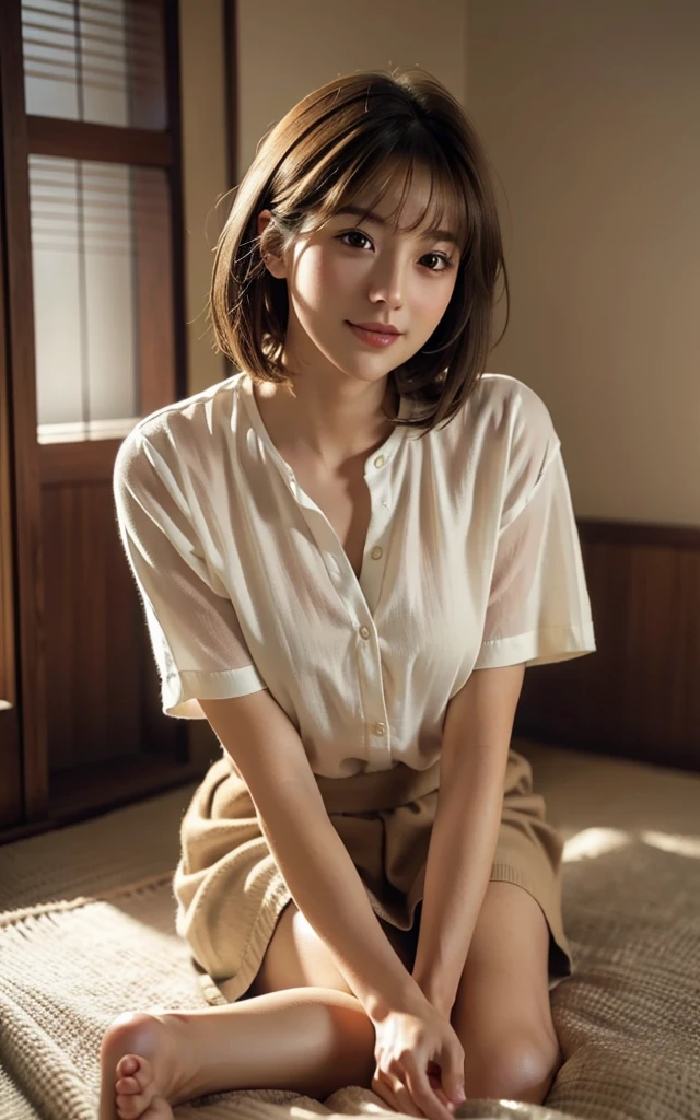 (RAW Photos, Highest quality), (Realistic, Photorealistic:1.3), masterpiece, Very delicate and beautiful, Soft Light, (Brown Hair, short hair, bangs), Beautiful detailed girl, (Detailed fingers), Highly detailed eyes and face, Beautifully detailed nose, Beautiful attention to detail, 1 Girl, Japanese, Pure beauty, cute, young, smile, Dress shirt, skirt, (Half Body:1.3), (Medium chest), Realistic face, Realistic body, indoor, whole body, You can see right down to your toes