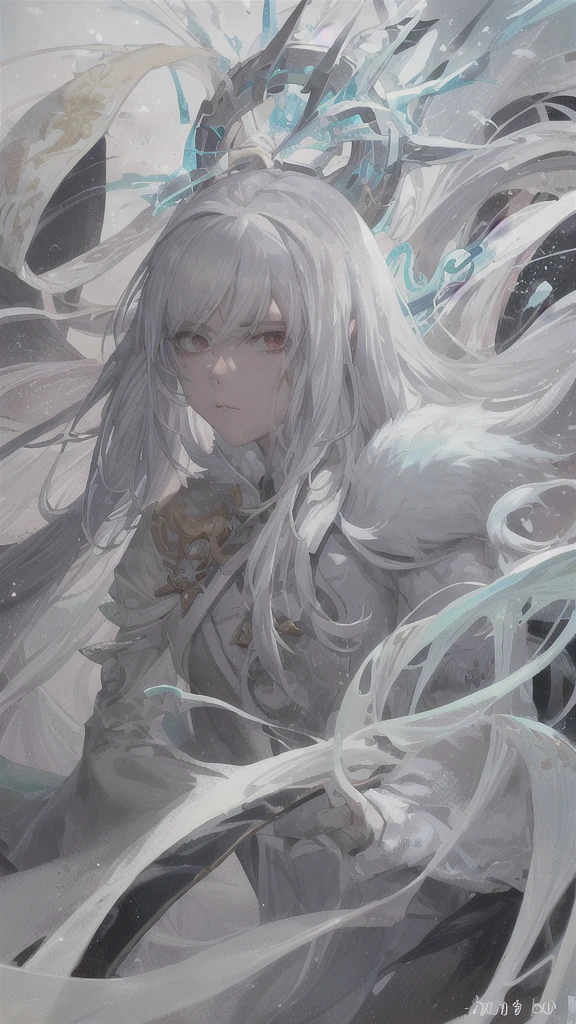 a close up of a person with white hair and a sword, white haired deity, with white long hair, with long white hair, artwork in the style of guweiz, white haired, guweiz, handsome guy in demon slayer art, beautiful character painting, by Yang J, white-haired, guweiz on pixiv artstation, anime character