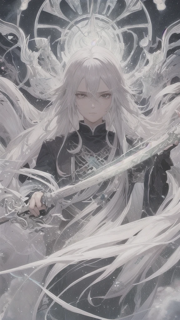 a close up of a person with white hair and a sword, white haired deity, with white long hair, with long white hair, artwork in the style of guweiz, white haired, guweiz, handsome guy in demon slayer art, beautiful character painting, by Yang J, white-haired, guweiz on pixiv artstation, anime character