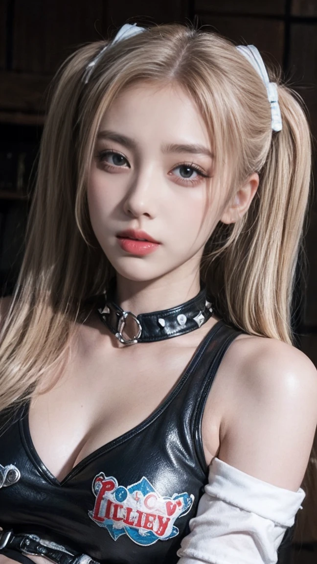 21yo girl, dressed as Harley Quinn from DC Comics. She has light blonde hair styled in pigtails, with the left side dyed pink and the right side dyed blue. She is wearing a white shirt with 'Daddy's Lil Monster' written on it, a red and white sleeve on her left arm, and a studded leather jacket. She holds a wooden baseball bat over her shoulders, and has a confident, playful expression. The background is a dimly lit indoor setting."