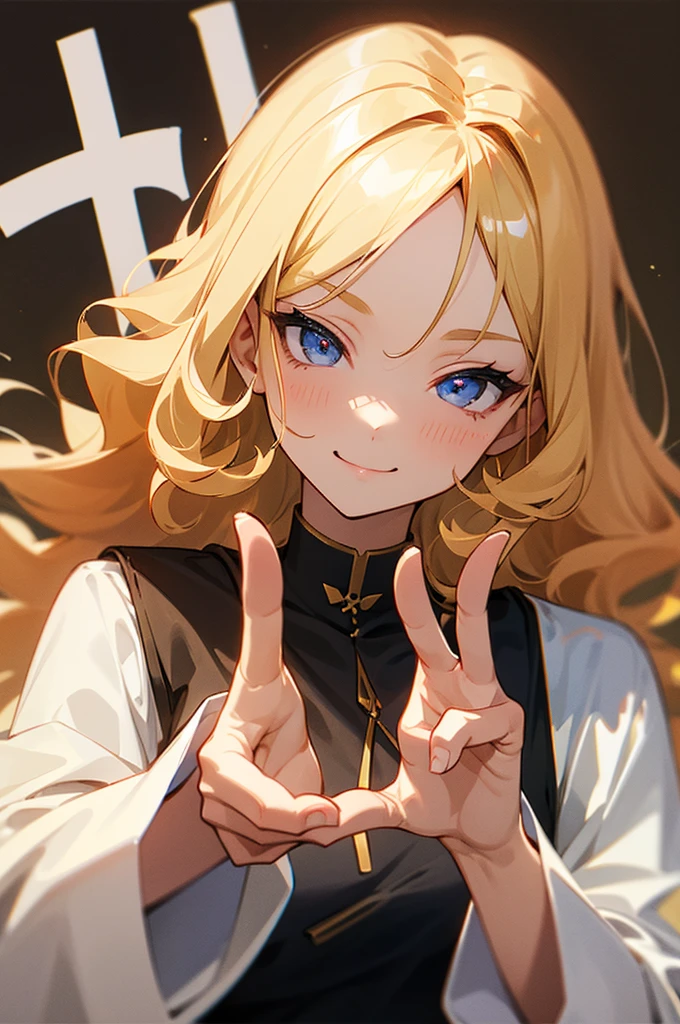 make a curly blonde woman make a V sign with her fingers, like the sign of peace, with your fingers close to your face. the photo must not contain background or text