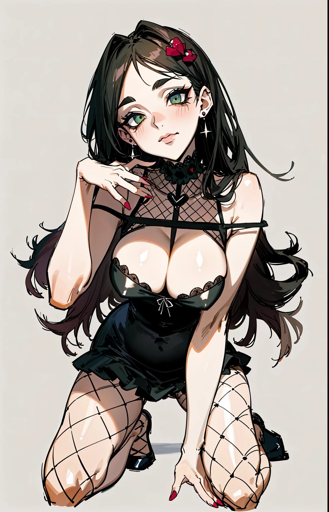 (best quality,masterpiece:1.2,detailed details,4k),((masterpiece)), ((best quality)), (ultra-detailed), anime style,large breast, slim, slender, ashamed, all fours ,Kneeling,Girl with modern gothic makeup, fair skin, long legs, black eyeshadow, camisole, plump figure, earrings and lip studs, fishnet stockings, posing in an attractive pose, lovable expression