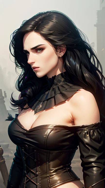 (Katie McGrath face), Generate an illustration of a young (Yennefer of Vengerberg), of Witcher 3, hair combed to sides, layered haircut, de terno preto, long hair flows to her back, hair flows straight down, black hair, Ultrarealistic Violet eyes, both eyes are similar, (big round breasts), deep cleavage, Ultrarealistic juicy round butt, thick thighs, black Corset outfit in anime format with a serious style, ((black strapless dress)), Ruby black velvet choker, grey tights, black boots, gothic make up, masterpiece, ((dark lighting)), black background, puffy lips,slendered toned abs, beautiful face