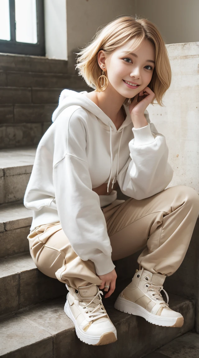 flying debris、Highest quality、An illustration、Highest quality、Understood、High resolution、8k wallpaper、Perfect dynamic composition、(((Ezvian Everywhere)))、((From below))、Beautiful and cute 20 year old girl、Beautiful face in every detail、Delicate and cute eyes、Fine skin、Red cheeks.、shy、(Semi-short hair:1.3)、(wavy blonde hair)、Small breasts、Bold sexy pose、smile、Small breasts、Between the legs、Small Ass、Thin ass、Generated on the eaves.、Narrow shoulders、wavy blonde hair、blonde、Heart-shaped earrings、smile、、Gold Bracelets、Tie your hair back、White hoodie、Deeply hooded、Loose fitting white harem pants、Baggy pants、Combat Boots、Army Boots、Standing posture showing the whole body、