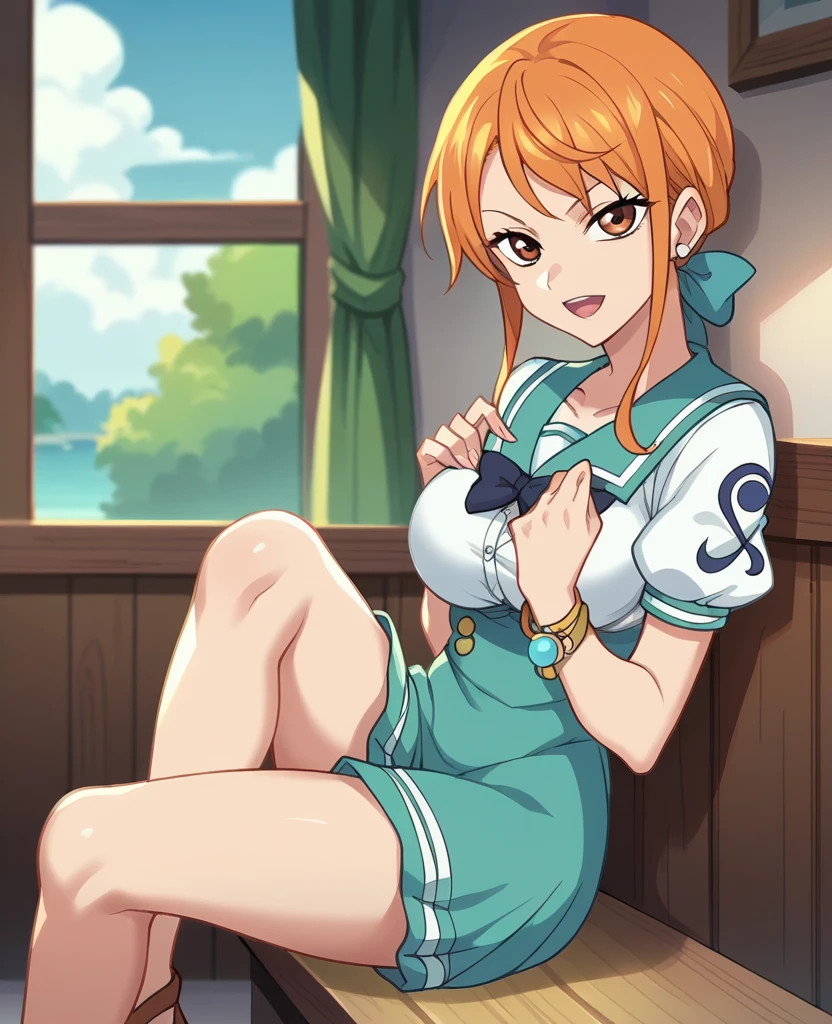 Masterpiece,best quality,Kousaka honoka, blue eyes, orange hair, looking_at_viewer, cowboy shot, cheongsam, perfect shadow, beautiful,cozy , standing , (covered erect nipples:0.7) , arms behind back,solo
