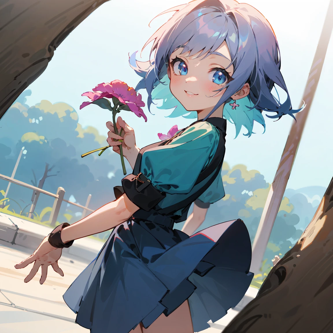 Close-up：A little girl of 6 years old, Double tail，Blue Skirt，Holding a flower，[[[[Smiling happily]]]]High-quality fanart, anime lush john 8k woods, Anime cute art style,As anime character, High-quality anime art style