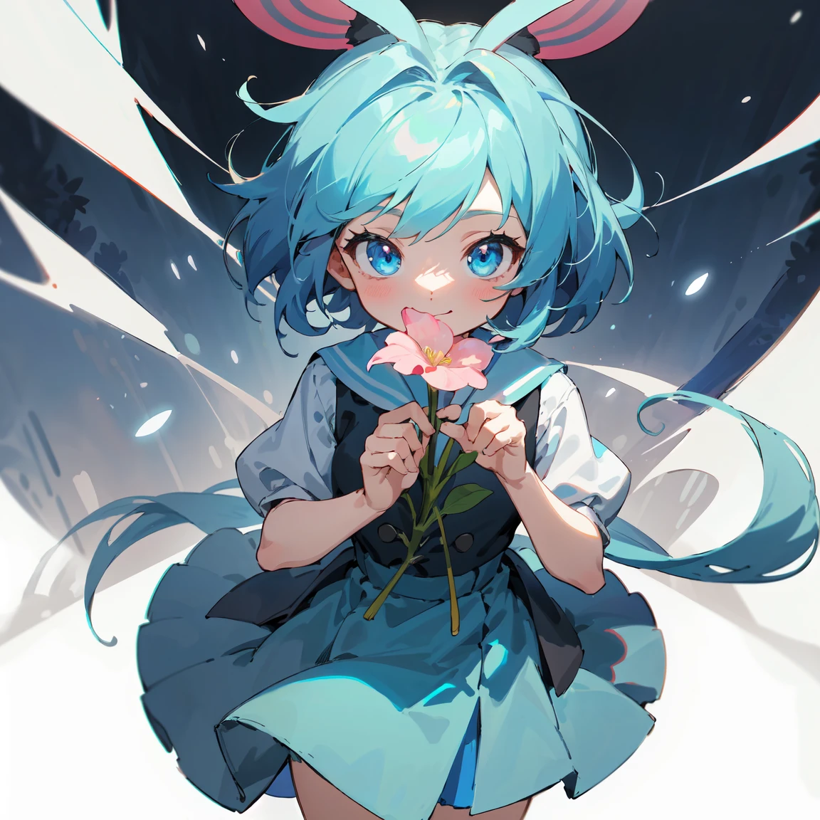 Close-up：A little girl of 6 years old, Double tail，Blue Skirt，Holding a flower，[[[[Smiling happily]]]]High-quality fanart, anime lush john 8k woods, Anime cute art style,As anime character, High-quality anime art style