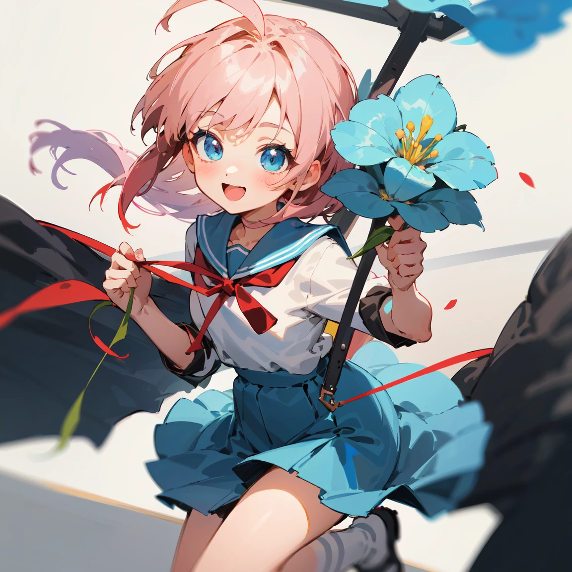 Close-up：A little girl of 6 years old, Double tail，Blue Skirt，Holding a flower，[[[[Smiling happily]]]]High-quality fanart, anime lush john 8k woods, Anime cute art style,As anime character, High-quality anime art style