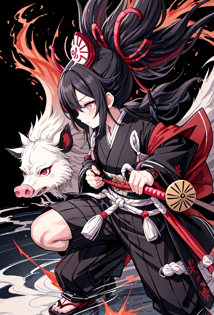Create a detailed and dynamic illustration of Inosuke Hashibira from Demon Slayer: Kimetsu no Yaiba. Inosuke must be in an action pose, wielding his two Nichirin blades. He is wearing his signature boar's head helmet and his wild, muscular appearance is on display.. The background must feature a forest or a battlefield, reflecting the intense and adventurous nature of the series. The art style should be vibrant and detailed, capturing the energy and spirit of the character