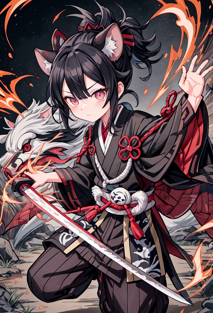 Create a detailed and dynamic illustration of Inosuke Hashibira from Demon Slayer: Kimetsu no Yaiba. Inosuke must be in an action pose, wielding his two Nichirin blades. He is wearing his signature boar's head helmet and his wild, muscular appearance is on display.. The background must feature a forest or a battlefield, reflecting the intense and adventurous nature of the series. The art style should be vibrant and detailed, capturing the energy and spirit of the character