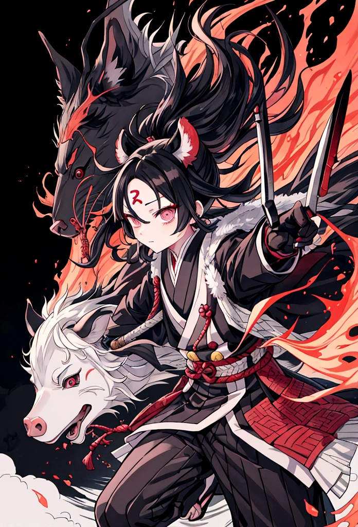 Create a detailed and dynamic illustration of Inosuke Hashibira from Demon Slayer: Kimetsu no Yaiba. Inosuke must be in an action pose, wielding his two Nichirin blades. He is wearing his signature boar's head helmet and his wild, muscular appearance is on display.. The background must feature a forest or a battlefield, reflecting the intense and adventurous nature of the series. The art style should be vibrant and detailed, capturing the energy and spirit of the character