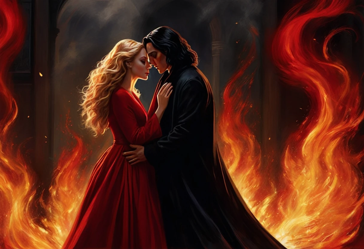 
- Scene: Create an image of two people in love in a setting of mystery and passion.
  
- Woman's Appearance:
  - Resembles Beyoncé
  - Brown skin
  - Long, golden blonde curly hair
  - Confident and seductive expression
  - Wearing a red dress, elegant and form-fitting
  - Lips painted a deep, intense red

- Man's Appearance:
  - Resembles Severus Snape
  - Pale skin
  - Large nose
  - Black, straight hair falling around his face in a somber manner
  - Serious and intense expression
  - Wearing a black cloak, contrasting with the flames around them

- Atmosphere:
  - Surrounded by flames, creating a mystical and fiery ambiance
  - Soft lighting highlighting their faces, enhancing the sparkle in their eyes
  - Flames adding an element of intensity and mystery to the scene
  - They are close to each other, gazing intensely into each other's eyes, exuding a strong emotional connection
