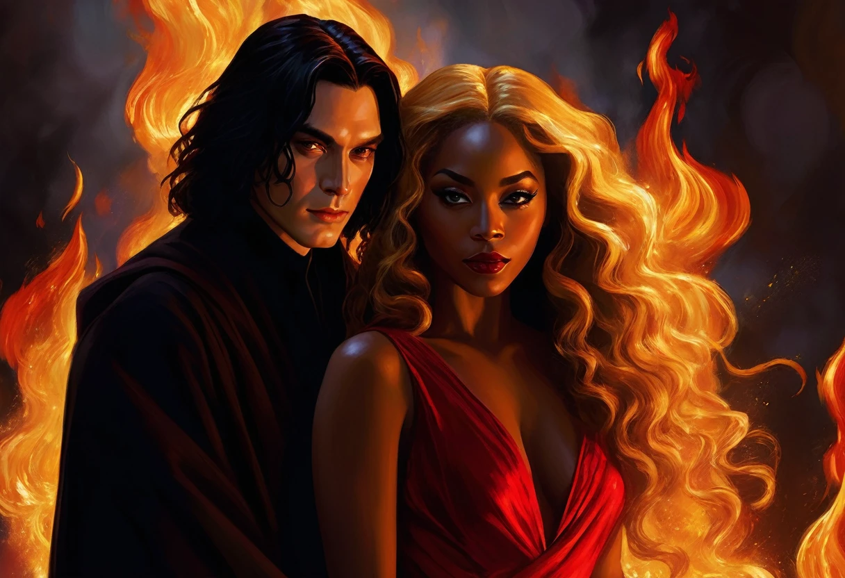
- Scene: Create an image of two people in love in a setting of mystery and passion.
  
- Woman's Appearance:
  - Resembles Beyoncé
  - Brown skin
  - Long, golden blonde curly hair
  - Confident and  expression
  - Wearing a red dress, elegant and form-fitting
  - Lips painted a deep, intense red

- Man's Appearance:
  - Resembles Severus Snape
  - Pale skin
  - Large nose
  - Black, straight hair falling around his face in a somber manner
  - Serious and intense expression
  - Wearing a black cloak, contrasting with the flames around them

- Atmosphere:
  - Surrounded by flames, creating a mystical and fiery ambiance
  - Soft lighting highlighting their faces, enhancing the sparkle in their eyes
  - Flames adding an element of intensity and mystery to the scene
  - They are close to each other, gazing intensely into each other's eyes, exuding a strong emotional connection
