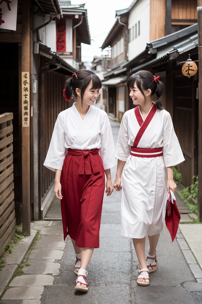 2 girls walking in old-Japanese street,red hakama bottom,white hakama top,18-year-old,bangs,a little smile,short hair and low pigtails with red ribbon bow,from before,front light