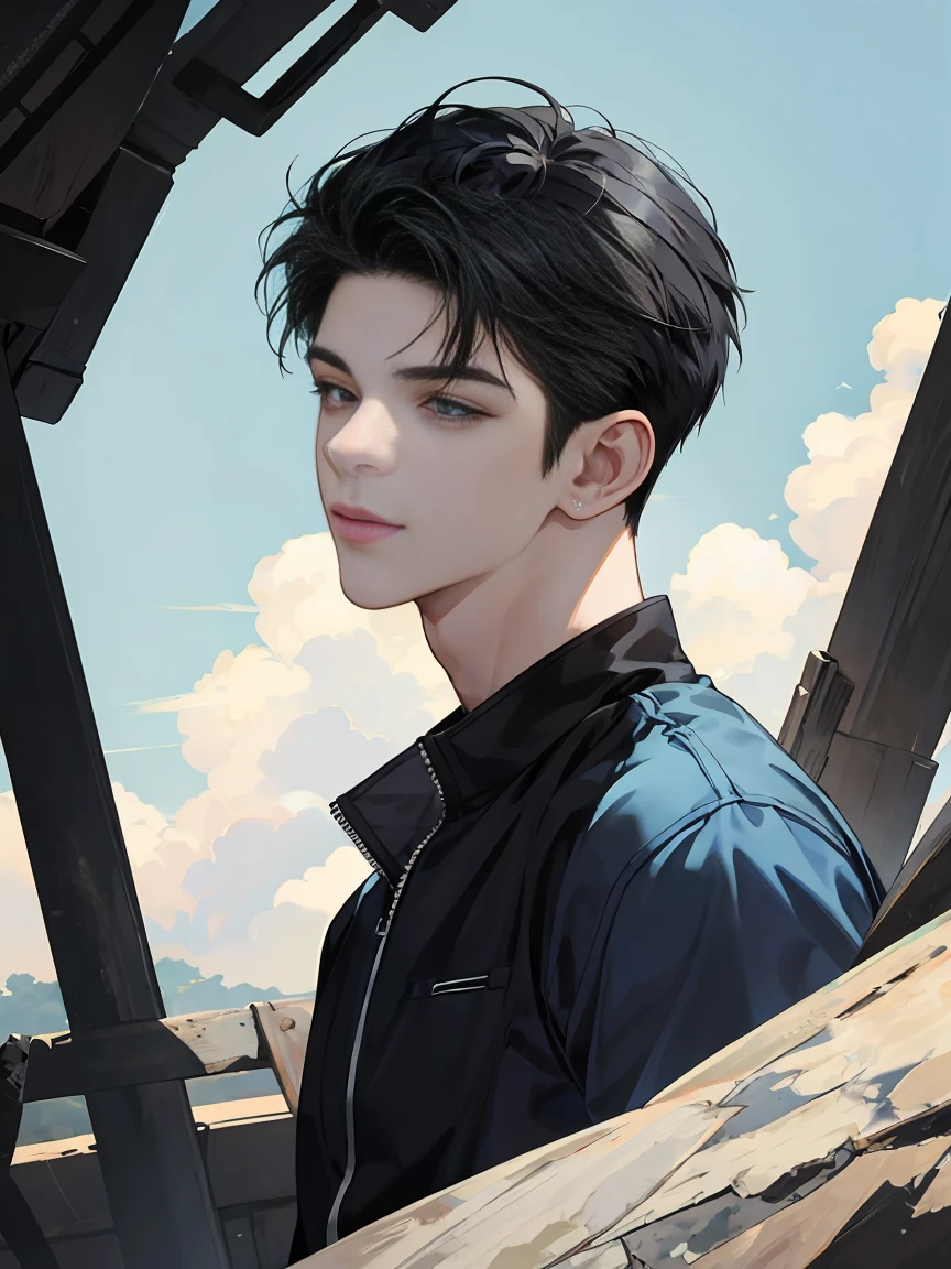 modern, under a clear blue sky, anime style, chiaroscuro, UHD, masterpiece, anatomically correct, textured skin, high details, super detail, best quality, (extreamly delicate and beautiful:1.2), 8K, (tmasterpiece, best:1.0), ((A boy with very short black hair)), short black Quiff hair with Soft Fringe, bangs part on side 5:5 ratio, wearing a loose black sleeve, thin, (sports style), a frontal view of a face looking to the right, displaying a sly smile, Korean illustration style.