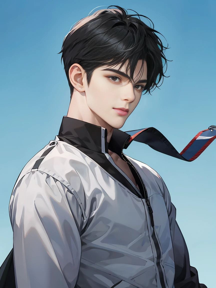 modern, under a clear blue sky, anime style, chiaroscuro, UHD, masterpiece, anatomically correct, textured skin, high details, super detail, best quality, (extreamly delicate and beautiful:1.2), 8K, (tmasterpiece, best:1.0), ((A boy with very short black hair)), short black Quiff hair with Soft Fringe, bangs part on side 5:5 ratio, wearing a loose black sleeve, thin, (sports style), a frontal view of a face looking to the right, displaying a sly smile, Korean illustration style.