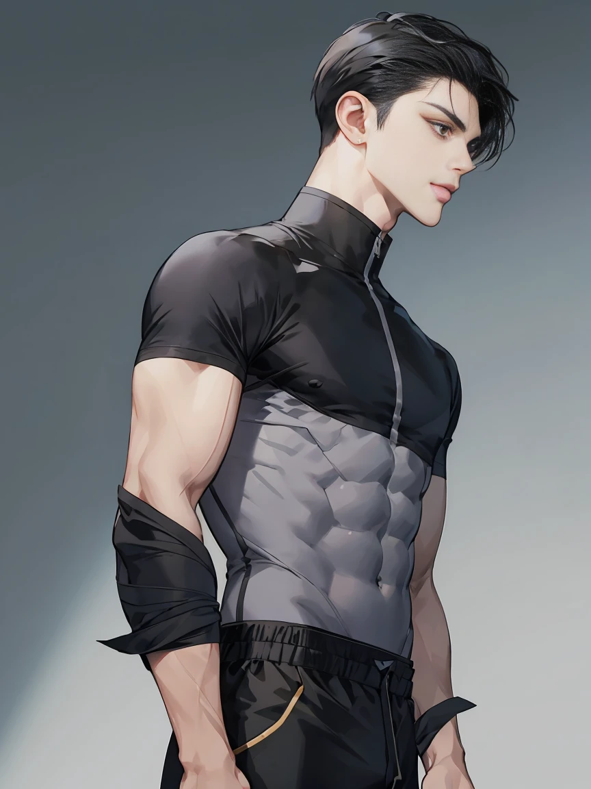 modern, under a clear blue sky, anime style, chiaroscuro, UHD, masterpiece, anatomically correct, textured skin, high details, super detail, best quality, (extreamly delicate and beautiful:1.2), 8K, (tmasterpiece, best:1.0), ((A boy with very short black hair)), short black Quiff hair with Soft Fringe, bangs part on side 5:5 ratio, wearing a loose black sleeve, thin, (sports style), a frontal view of a face looking to the right, displaying a sly smile, Korean illustration style.
