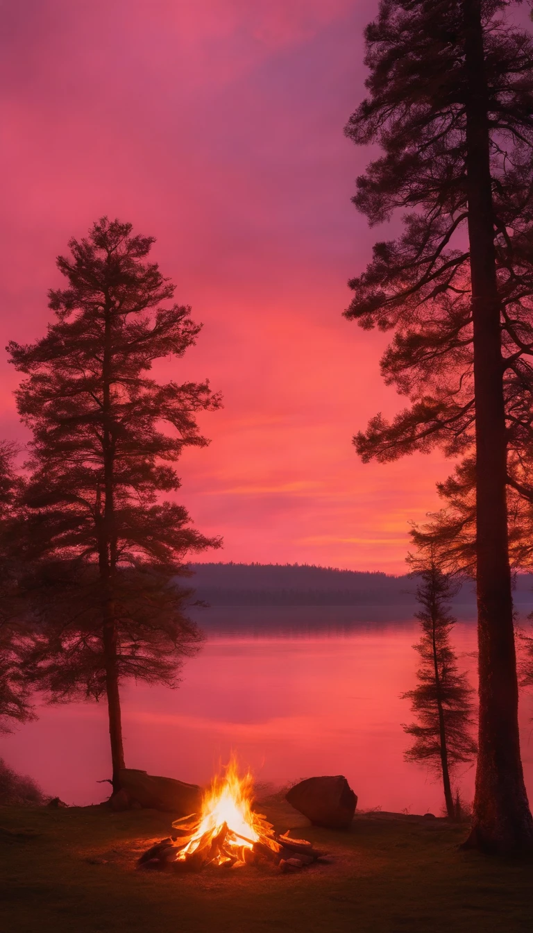"A campfire burning under a pastel pink dawn sky. The flames are bright and intense, casting a warm glow around. The serene morning scene is bathed in the soft pink hues of the sunrise, contrasting beautifully with the vibrant orange and yellow flames of the fire."