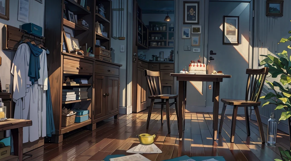 (best quality,masterpiece:1.2,detailed details,4k),A dim old apartment, a small birthday cake on an old wooden table, a modern apartment, an alarm clock on the wall, an anime scene,the wooden floor,